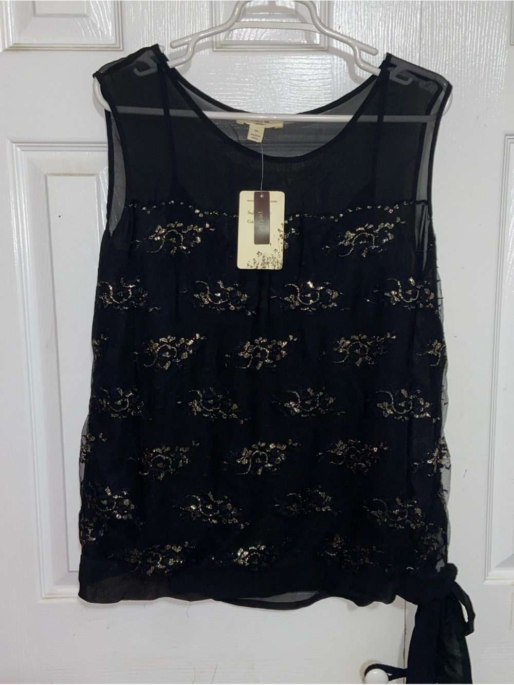 Sleeveless Black Blouse with Gold Floral Embellishment